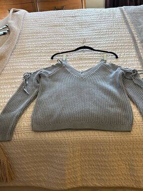 Light Gray Off-the-Shoulder V-Neck Tie-Sleeve Sweater